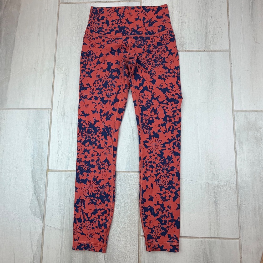 Lululemon Wunder Under High Rise Tight 25 Floral Orange Navy Blue Size 4